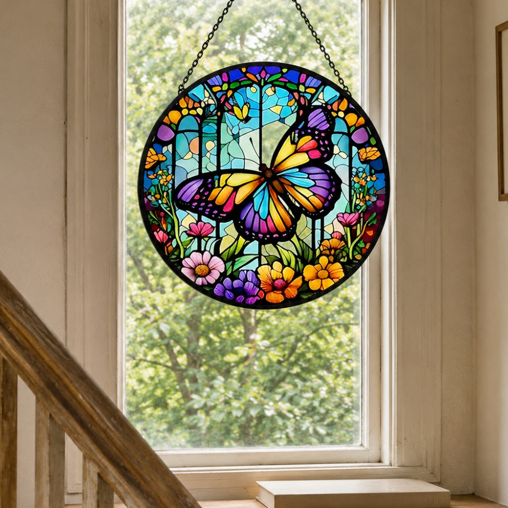 Butterfly garden floral stained glass suncatcher window hanging, suitable for home and garden decoration