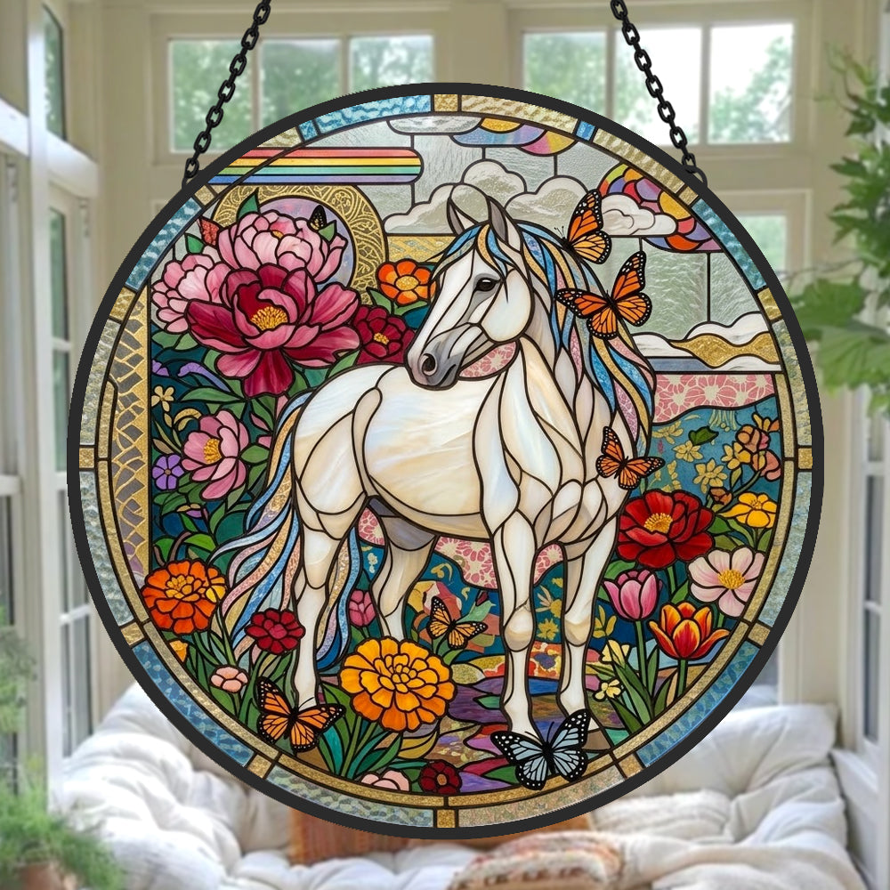 Butterfly horse stained glass suncatcher window hanging, suitable for home and garden decoration
