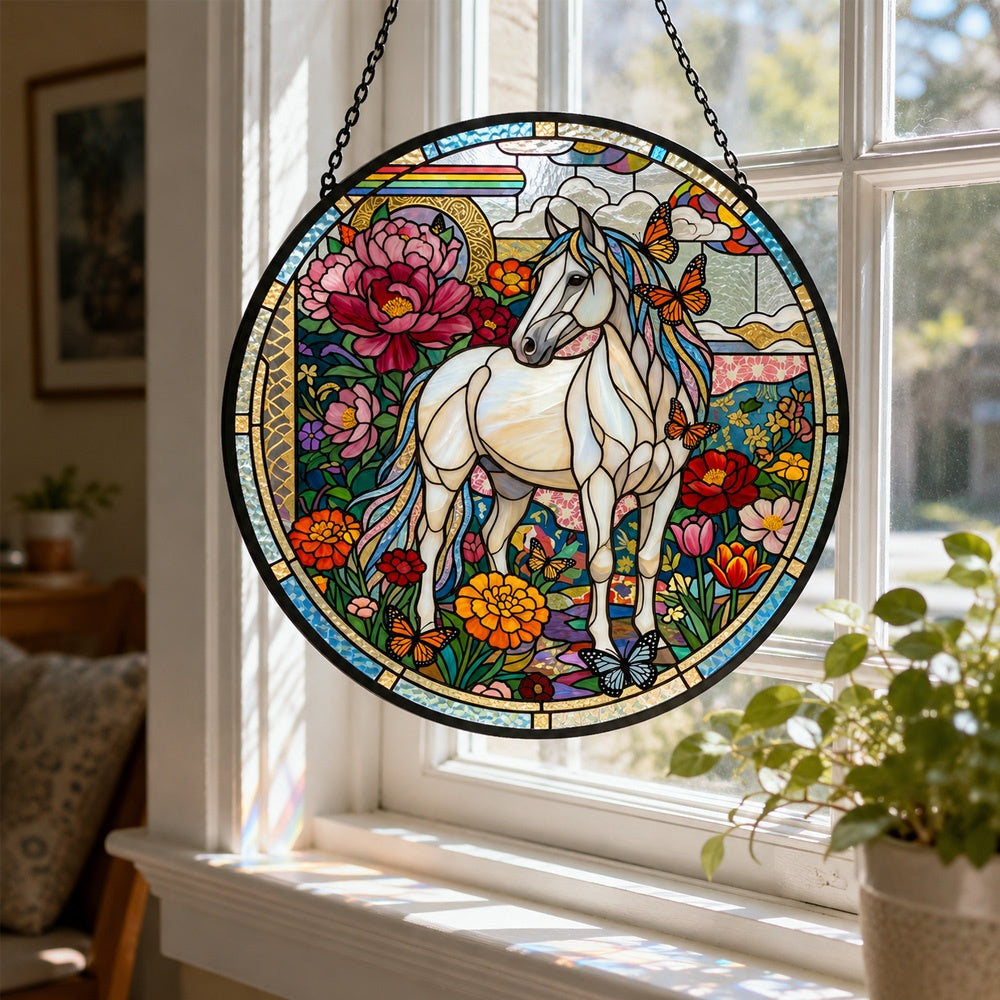 Butterfly horse stained glass suncatcher window hanging, suitable for home and garden decoration