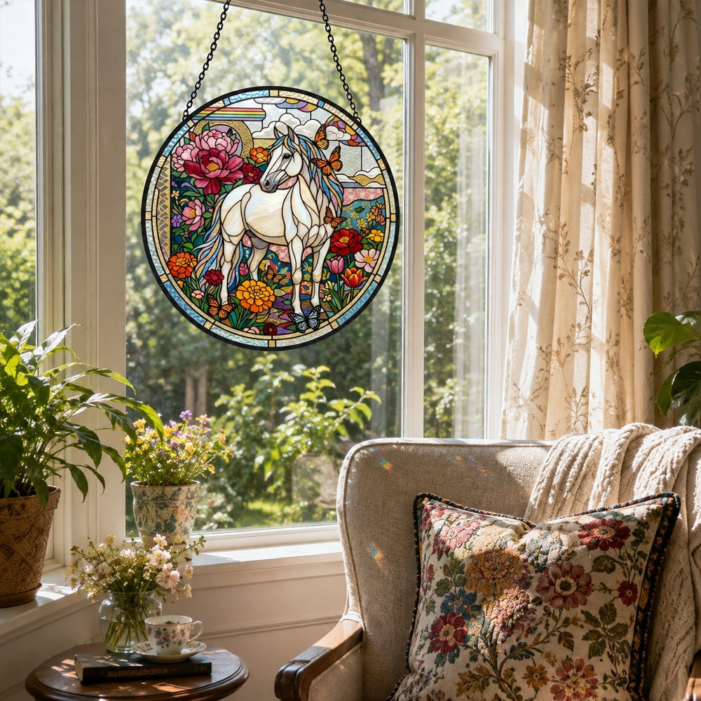 Butterfly horse stained glass suncatcher window hanging, suitable for home and garden decoration
