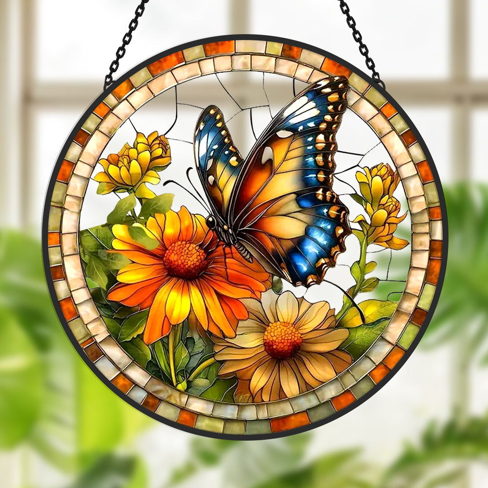 Butterfly sunflower stained glass suncatcher window hanging, suitable for home and garden decoration
