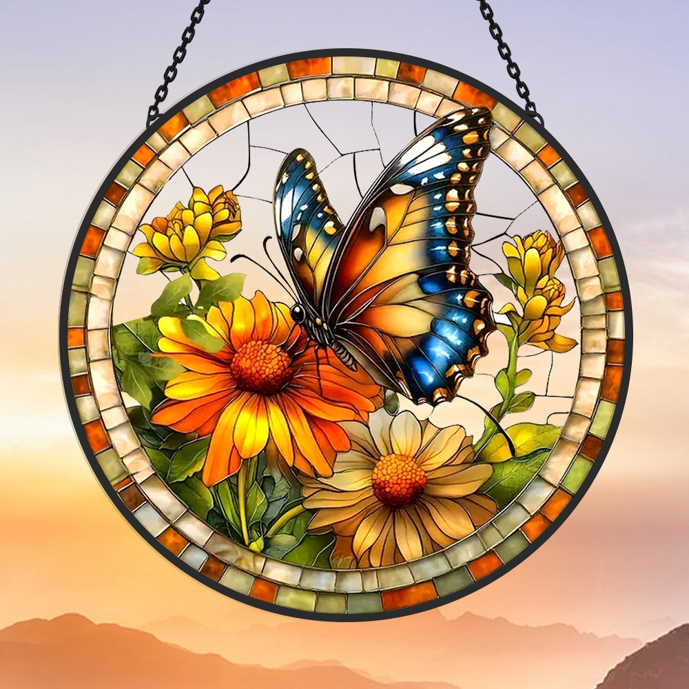 Butterfly sunflower stained glass suncatcher window hanging, suitable for home and garden decoration