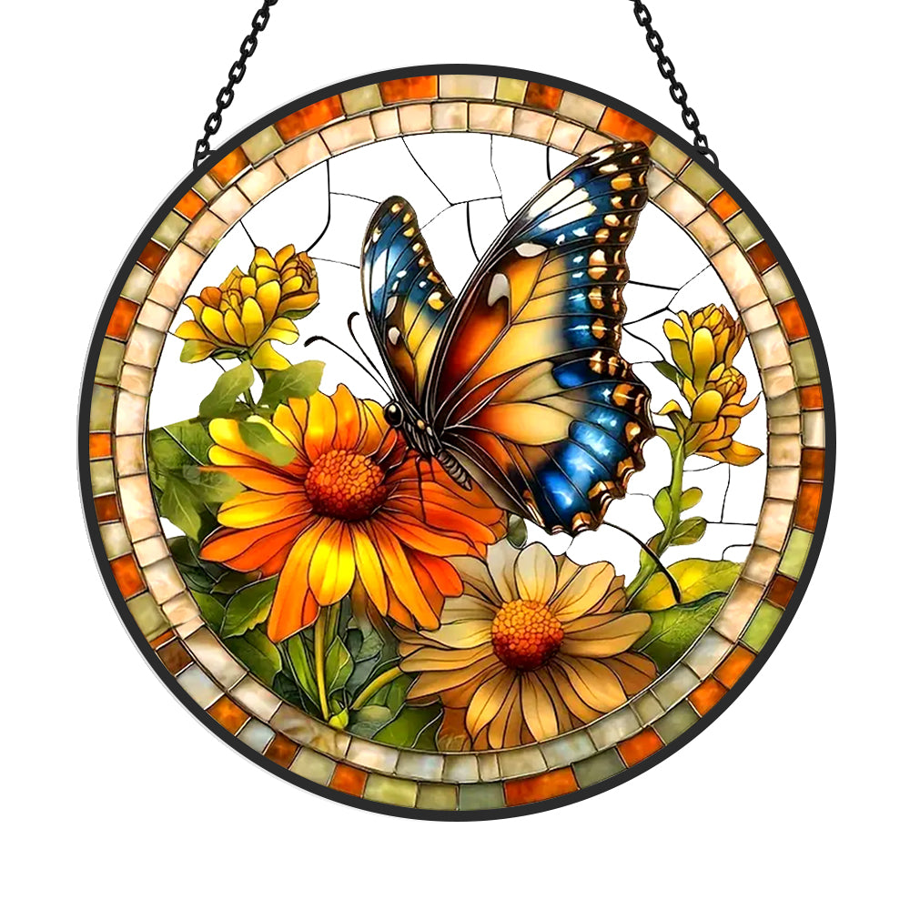 Butterfly sunflower stained glass suncatcher window hanging, suitable for home and garden decoration