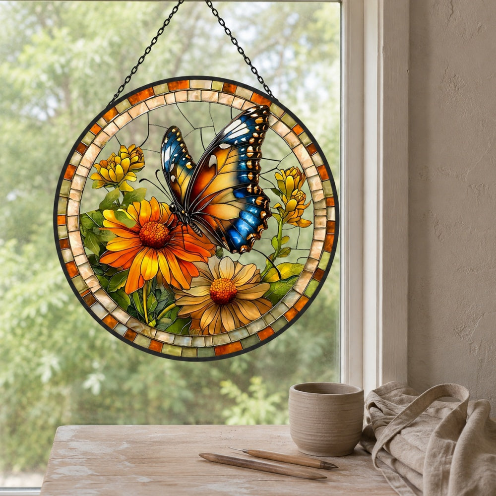 Butterfly sunflower stained glass suncatcher window hanging, suitable for home and garden decoration
