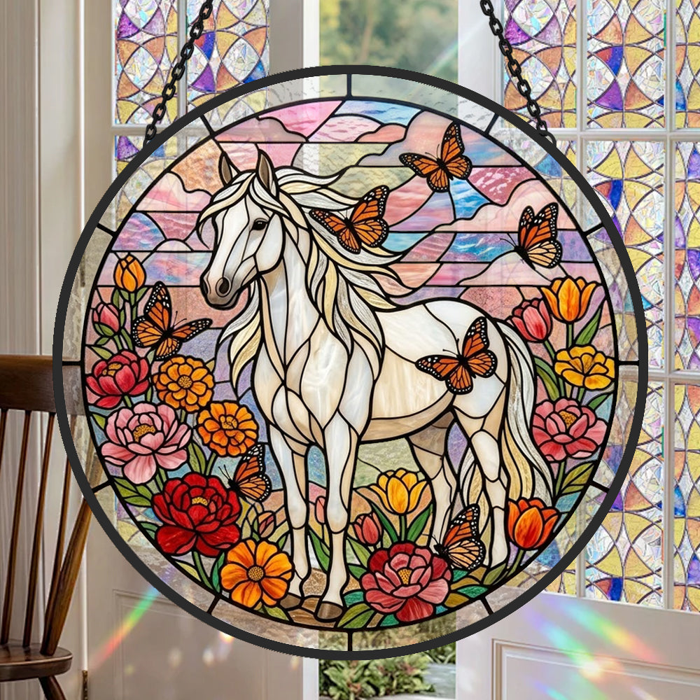 Butterfly white horse stained glass suncatcher window hanging, suitable for home and garden decoration