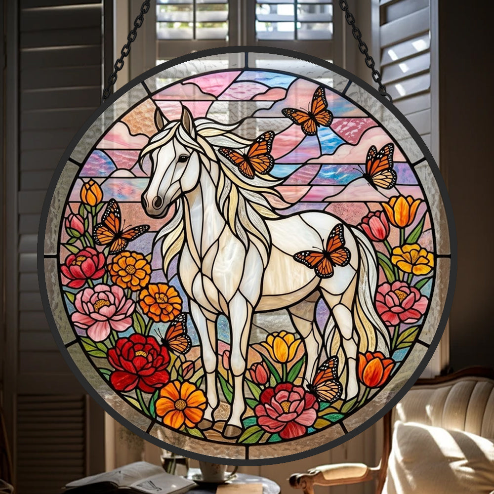 Butterfly white horse stained glass suncatcher window hanging, suitable for home and garden decoration