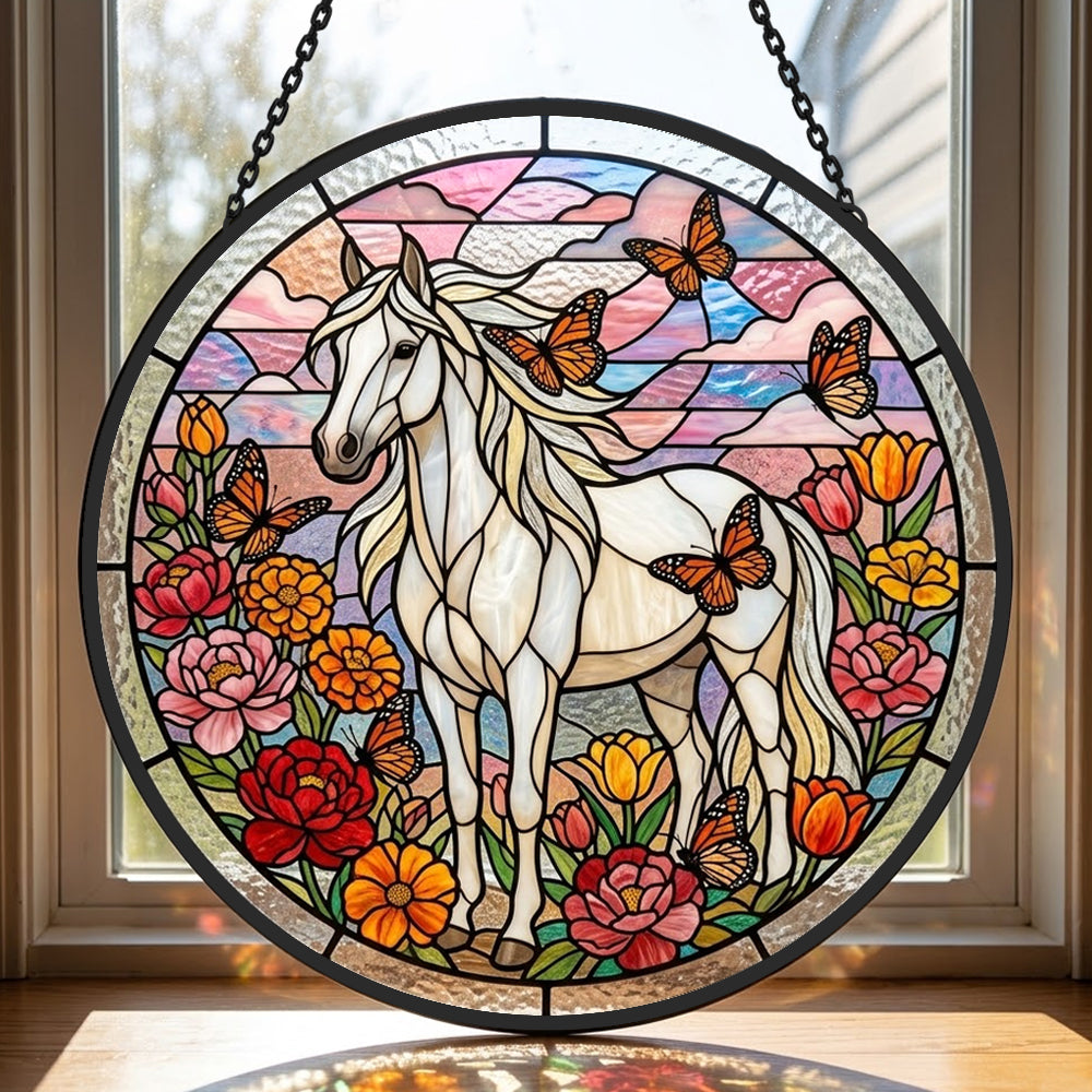 Butterfly white horse stained glass suncatcher window hanging, suitable for home and garden decoration