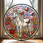Butterfly white horse stained glass suncatcher window hanging, suitable for home and garden decoration