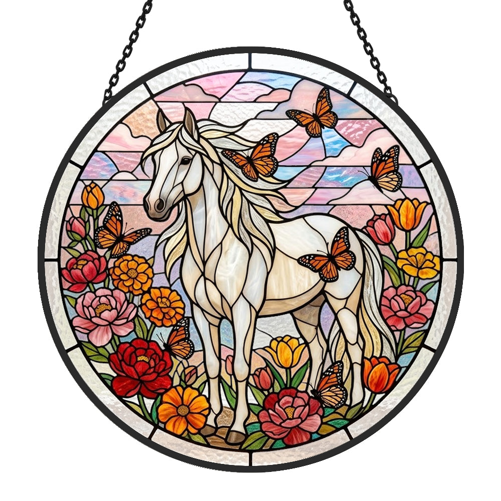 Butterfly white horse stained glass suncatcher window hanging, suitable for home and garden decoration