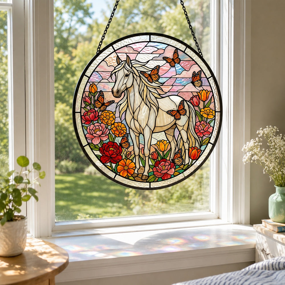 Butterfly white horse stained glass suncatcher window hanging, suitable for home and garden decoration