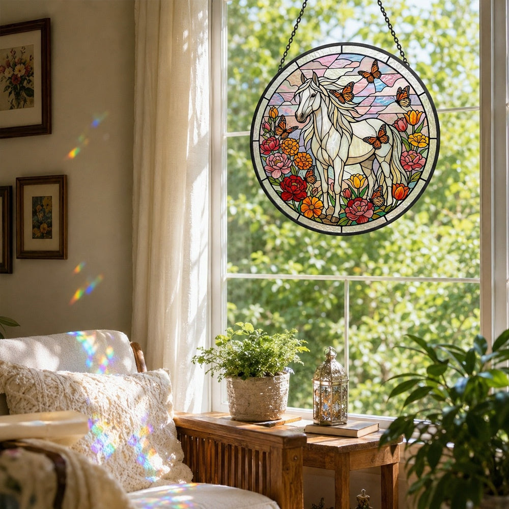 Butterfly white horse stained glass suncatcher window hanging, suitable for home and garden decoration