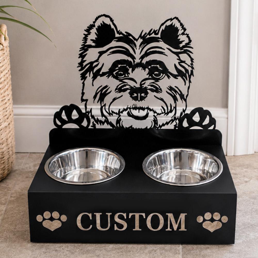 Personalized cairn terrier metal dog bowl stand with custom name cutout and two removable feeding bowls