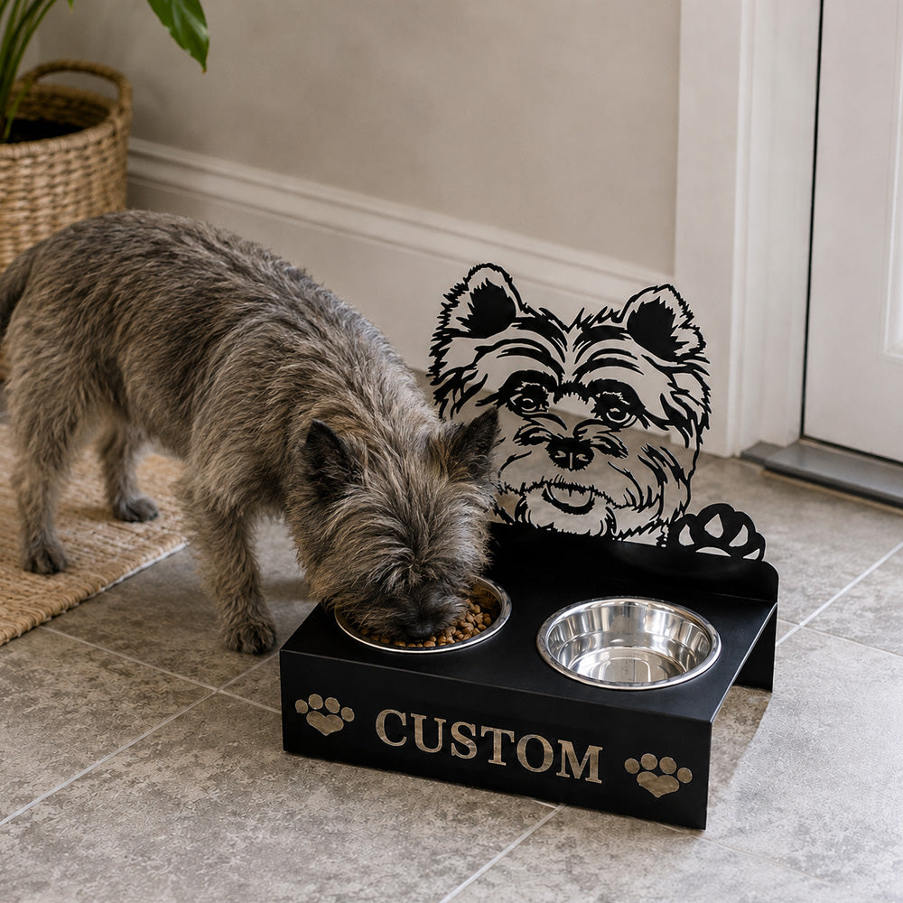 Personalized cairn terrier metal dog bowl stand with custom name cutout and two removable feeding bowls
