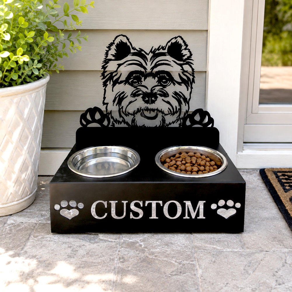 Personalized cairn terrier metal dog bowl stand with custom name cutout and two removable feeding bowls