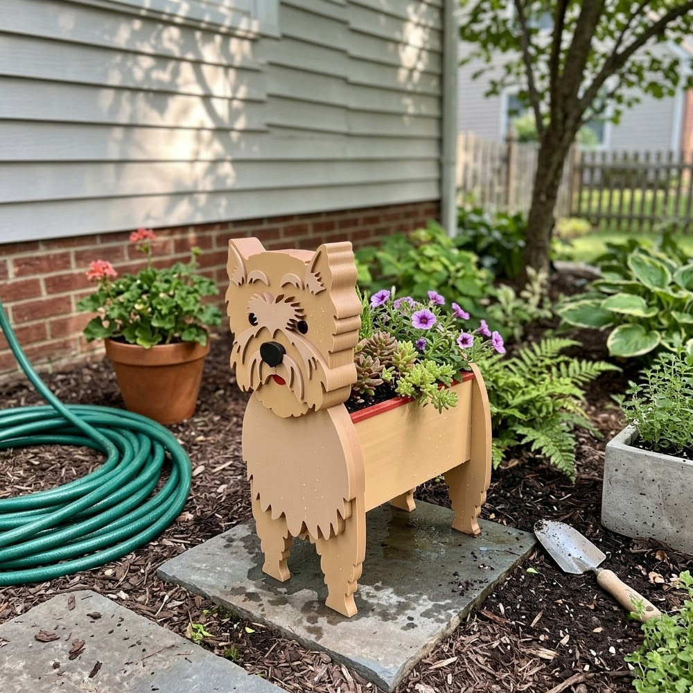 Cairn Terrier dog planter filled with fresh flowers is placed in the garden