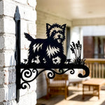 Cairn terrier metal hanging basket bracket mounted on outdoor wall for plant decoration