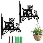 Cairn terrier metal hanging basket bracket mounted on outdoor wall for plant decoration