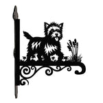 Cairn terrier metal hanging basket bracket mounted on outdoor wall for plant decoration