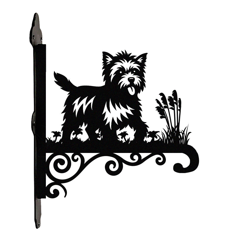 Cairn terrier metal hanging basket bracket mounted on outdoor wall for plant decoration