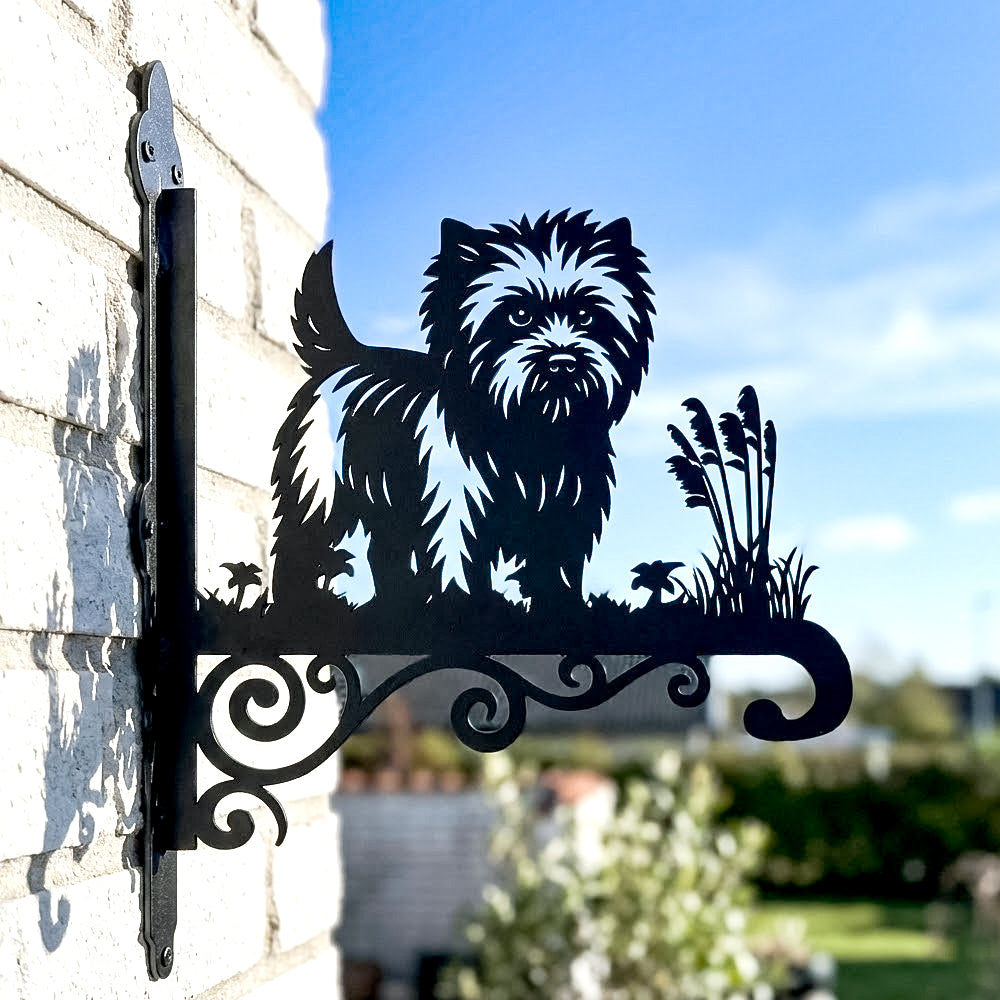 Cairn terrier metal hanging basket bracket mounted on outdoor wall for plant decoration
