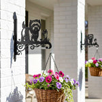 Cairn terrier metal hanging basket bracket mounted on outdoor wall for plant decoration