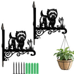 Cairn terrier metal hanging basket bracket mounted on outdoor wall for plant decoration