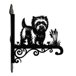 Cairn terrier metal hanging basket bracket mounted on outdoor wall for plant decoration