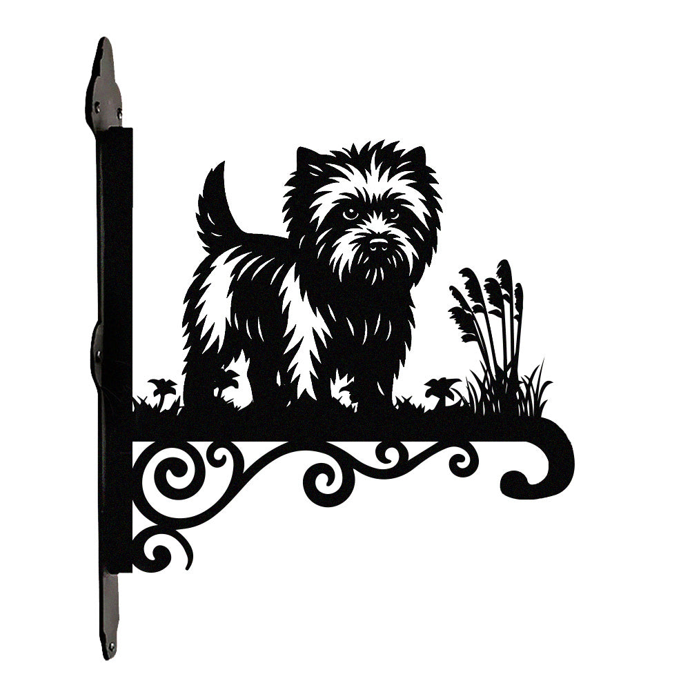 Cairn terrier metal hanging basket bracket mounted on outdoor wall for plant decoration