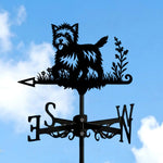 Cairn Terrier metal weather vane with directional arrows and mounting rod, outdoor roof and garden decoration
