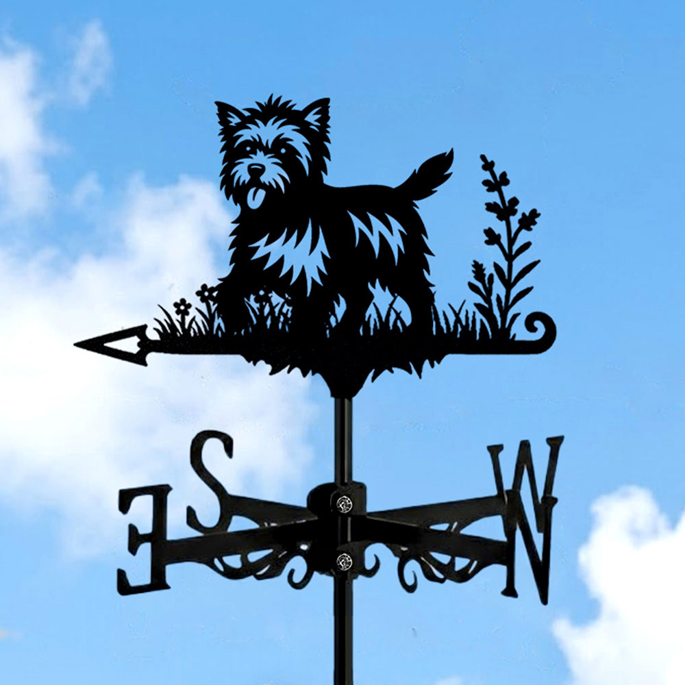 Cairn Terrier metal weather vane with directional arrows and mounting rod, outdoor roof and garden decoration