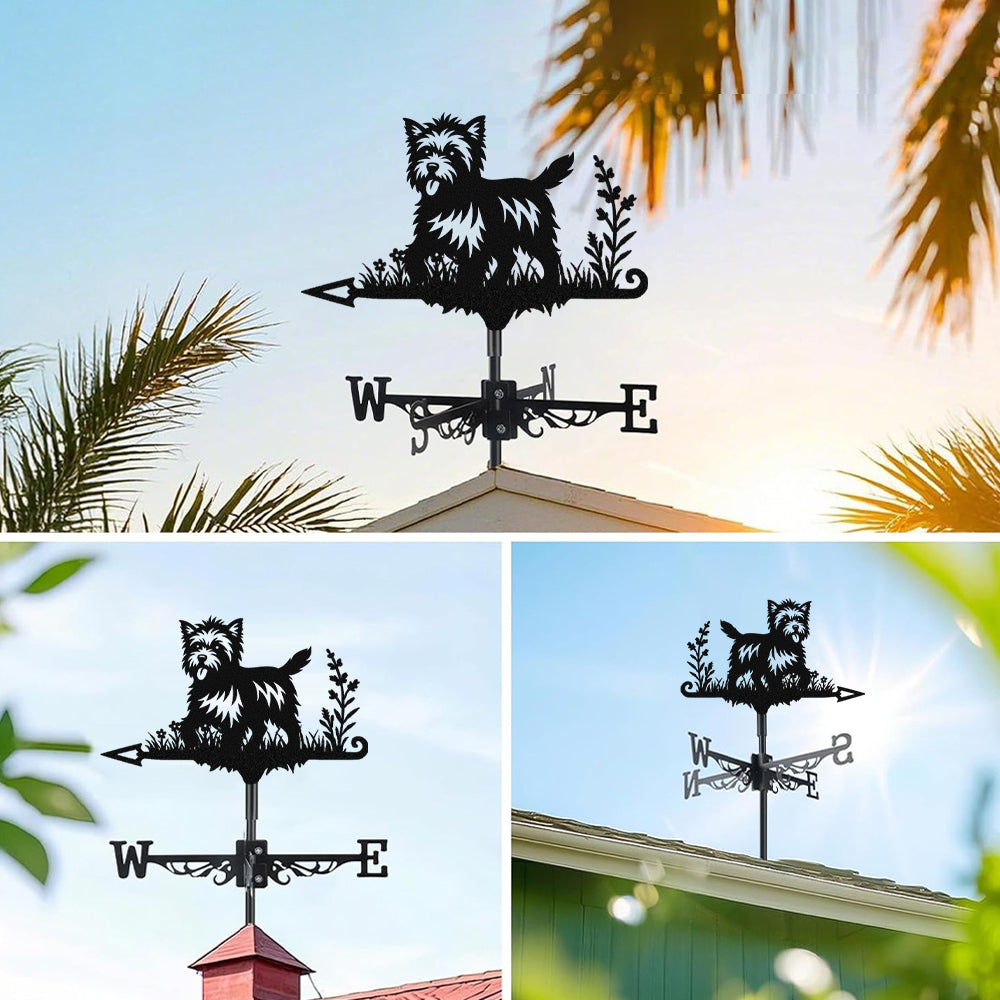 Cairn Terrier metal weather vane with directional arrows and mounting rod, outdoor roof and garden decoration