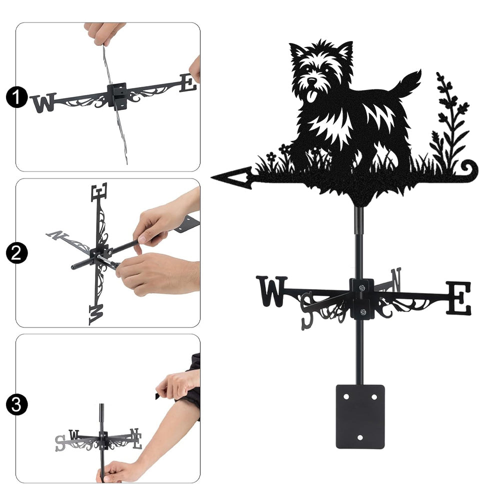 Cairn Terrier metal weather vane with directional arrows and mounting rod, outdoor roof and garden decoration