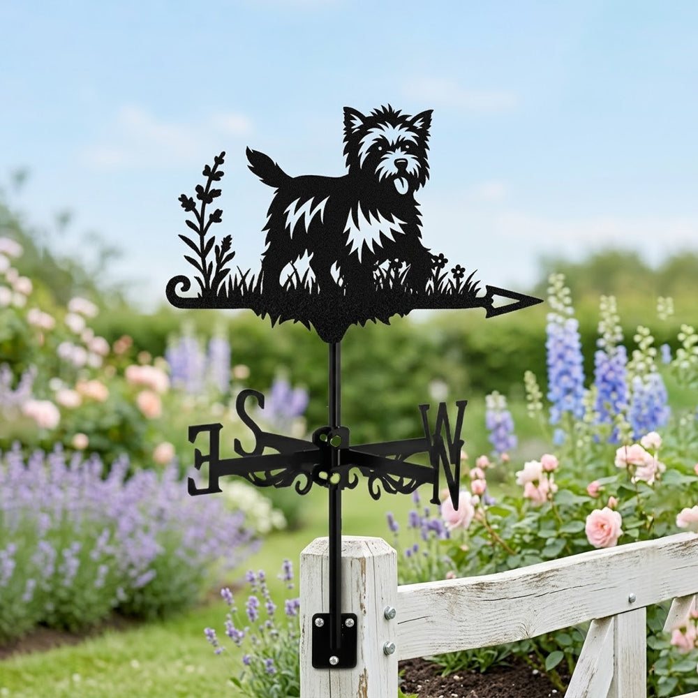 Cairn Terrier metal weather vane with directional arrows and mounting rod, outdoor roof and garden decoration