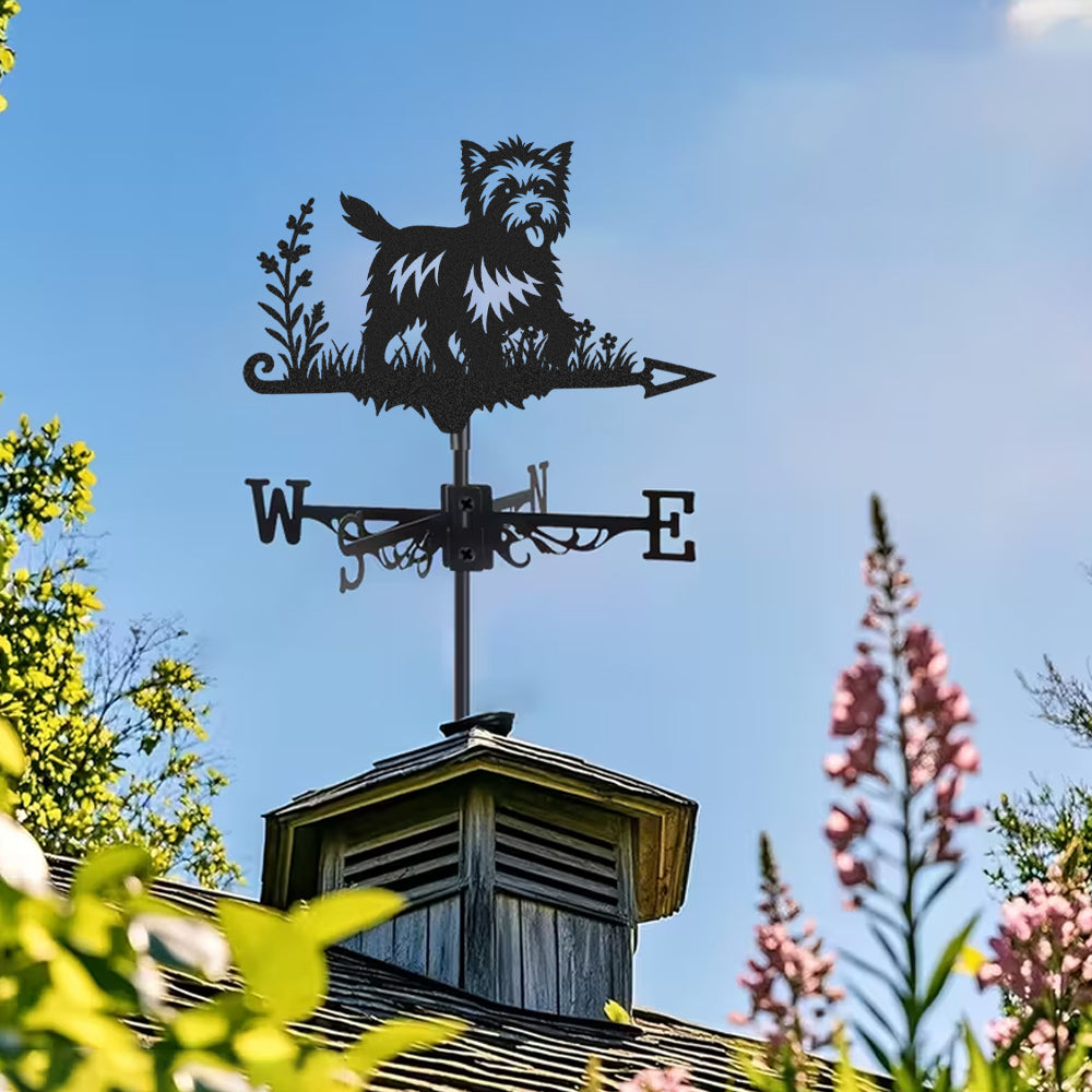 Cairn Terrier metal weather vane with directional arrows and mounting rod, outdoor roof and garden decoration