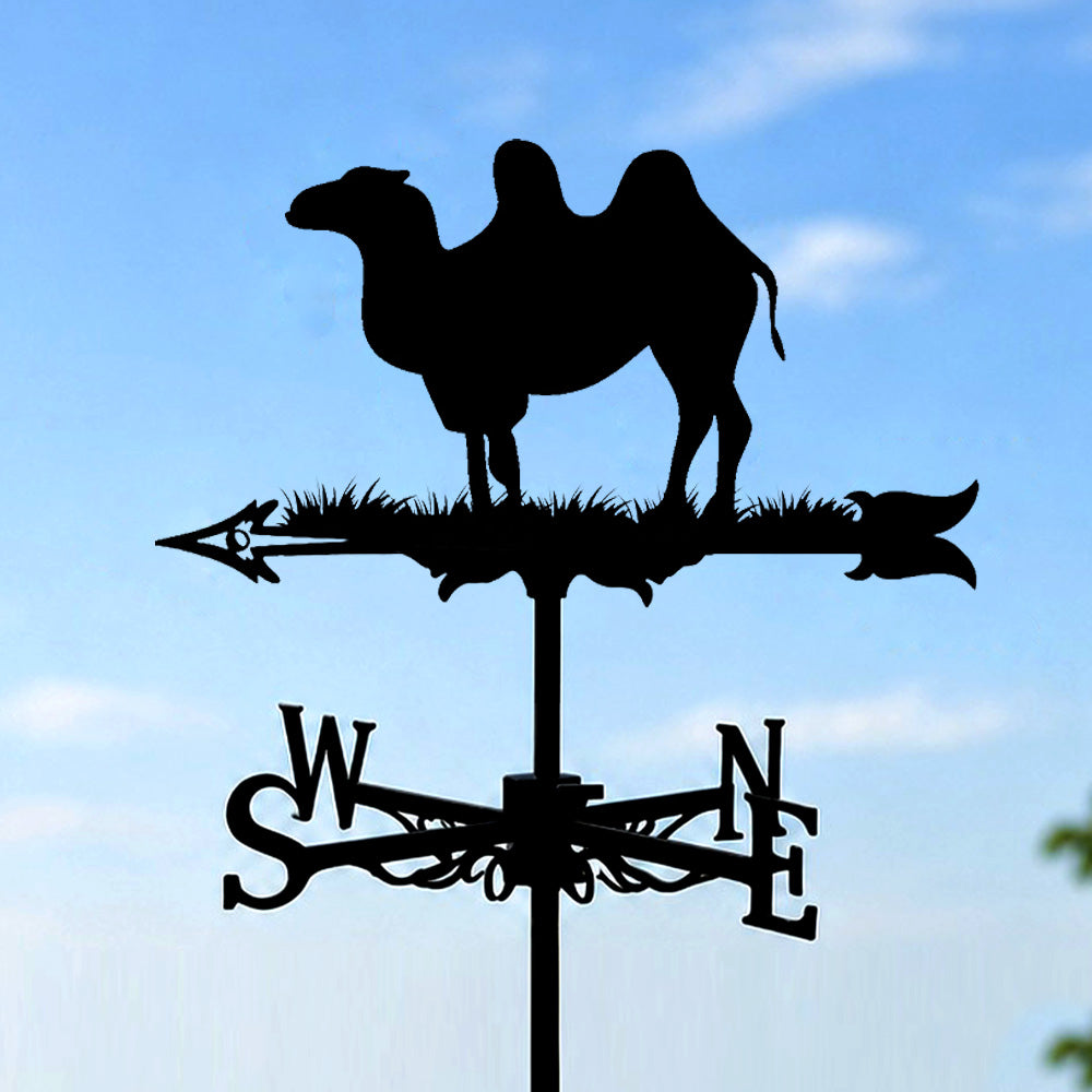 Camel metal weather vane with directional arrows and mounting rod, outdoor roof and garden decoration
