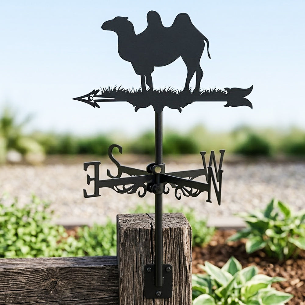 Camel metal weather vane with directional arrows and mounting rod, outdoor roof and garden decoration