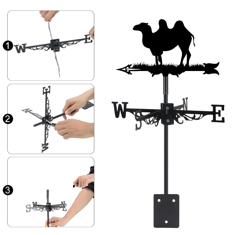 Camel metal weather vane with directional arrows and mounting rod, outdoor roof and garden decoration