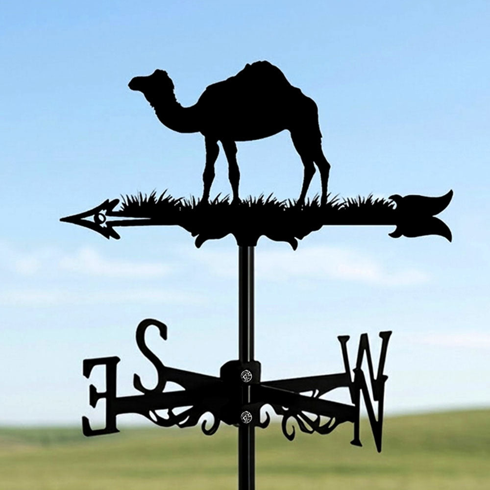 Camel metal weather vane with directional arrows and mounting rod, outdoor roof and garden decoration