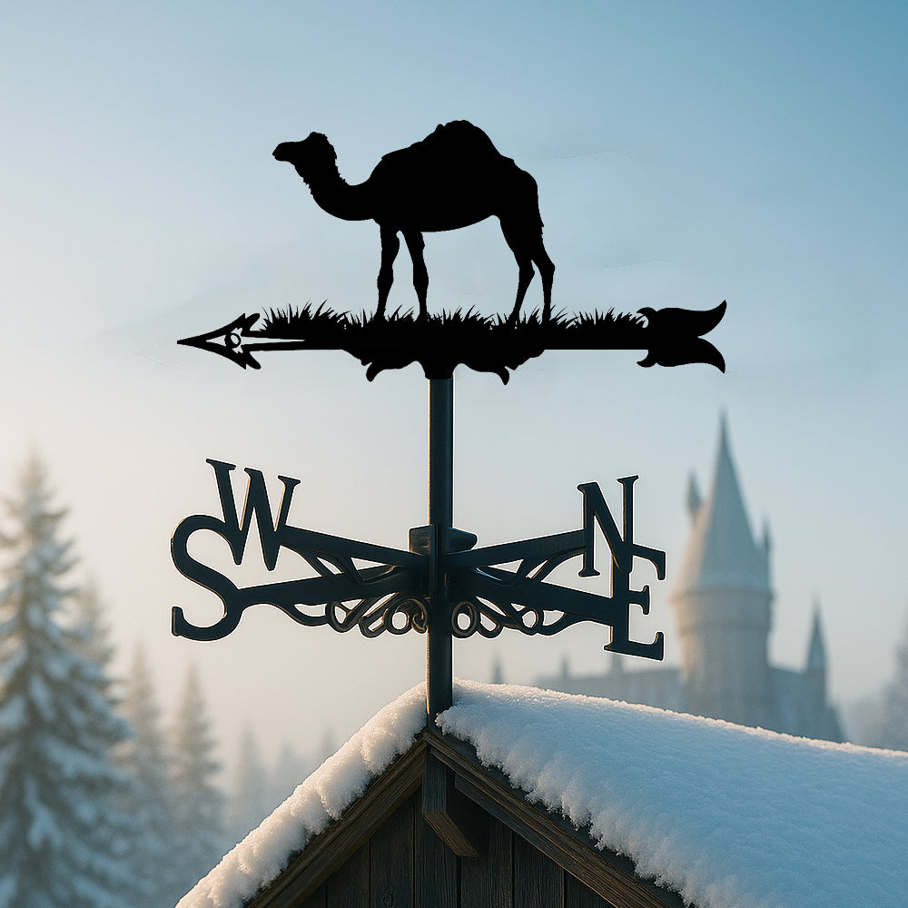 Camel metal weather vane with directional arrows and mounting rod, outdoor roof and garden decoration