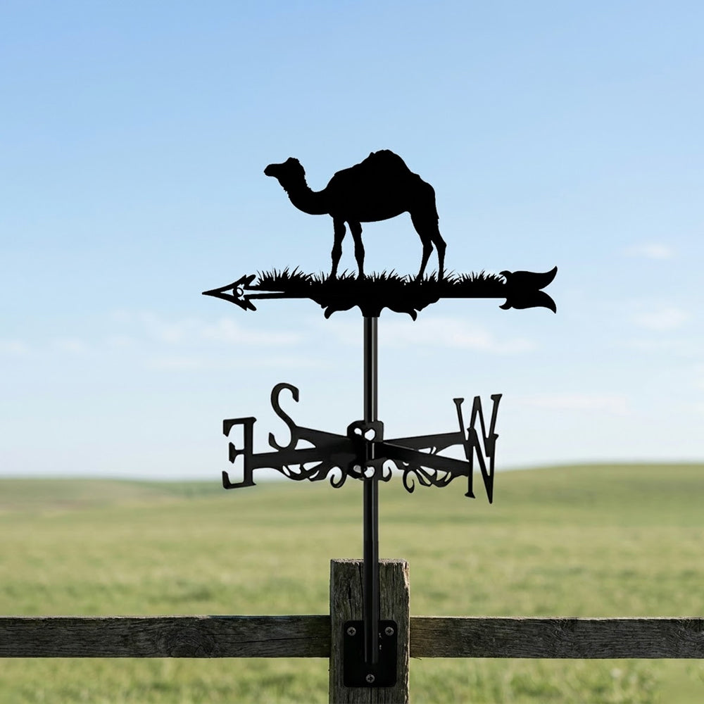 Camel metal weather vane with directional arrows and mounting rod, outdoor roof and garden decoration
