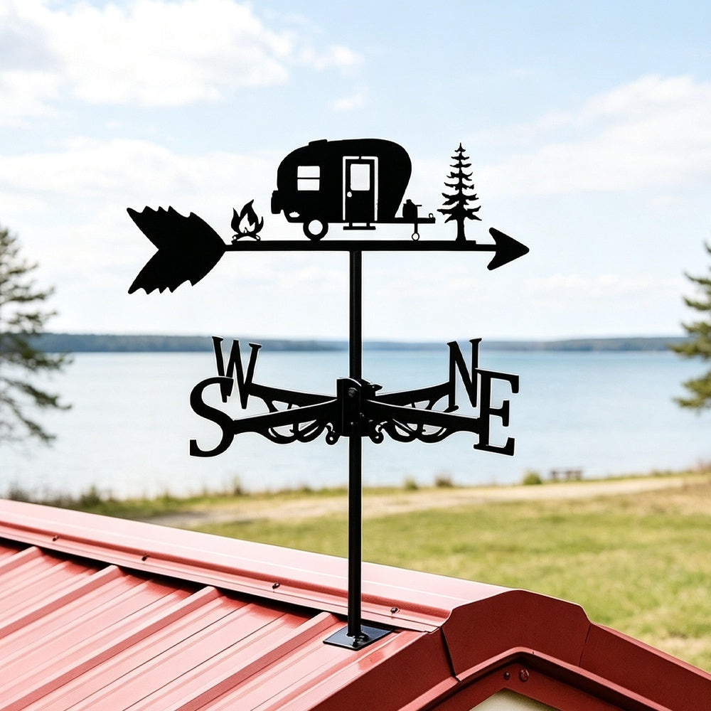 Camping trailer metal weather vane with directional arrows and mounting rod, outdoor roof and garden decoration