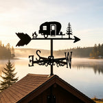 Camping trailer metal weather vane with directional arrows and mounting rod, outdoor roof and garden decoration