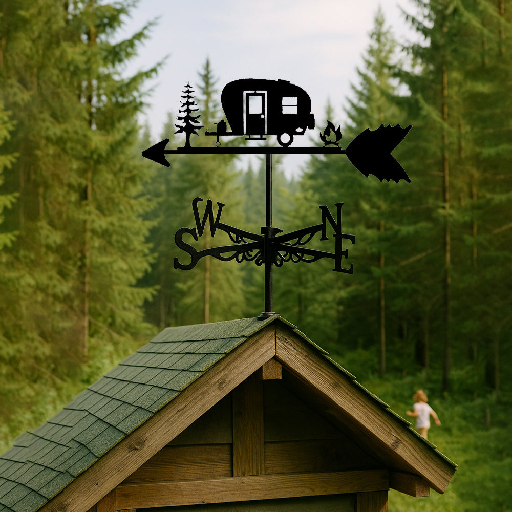 Camping trailer metal weather vane with directional arrows and mounting rod, outdoor roof and garden decoration