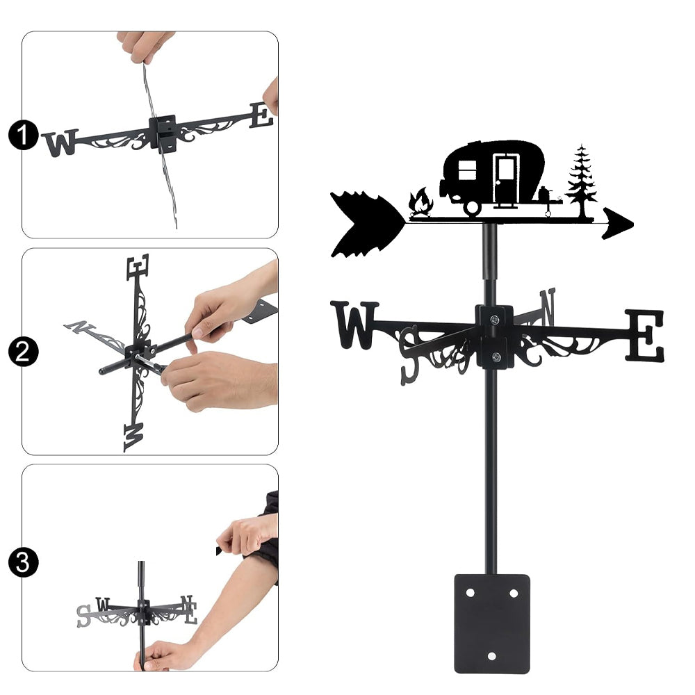 Camping trailer metal weather vane with directional arrows and mounting rod, outdoor roof and garden decoration