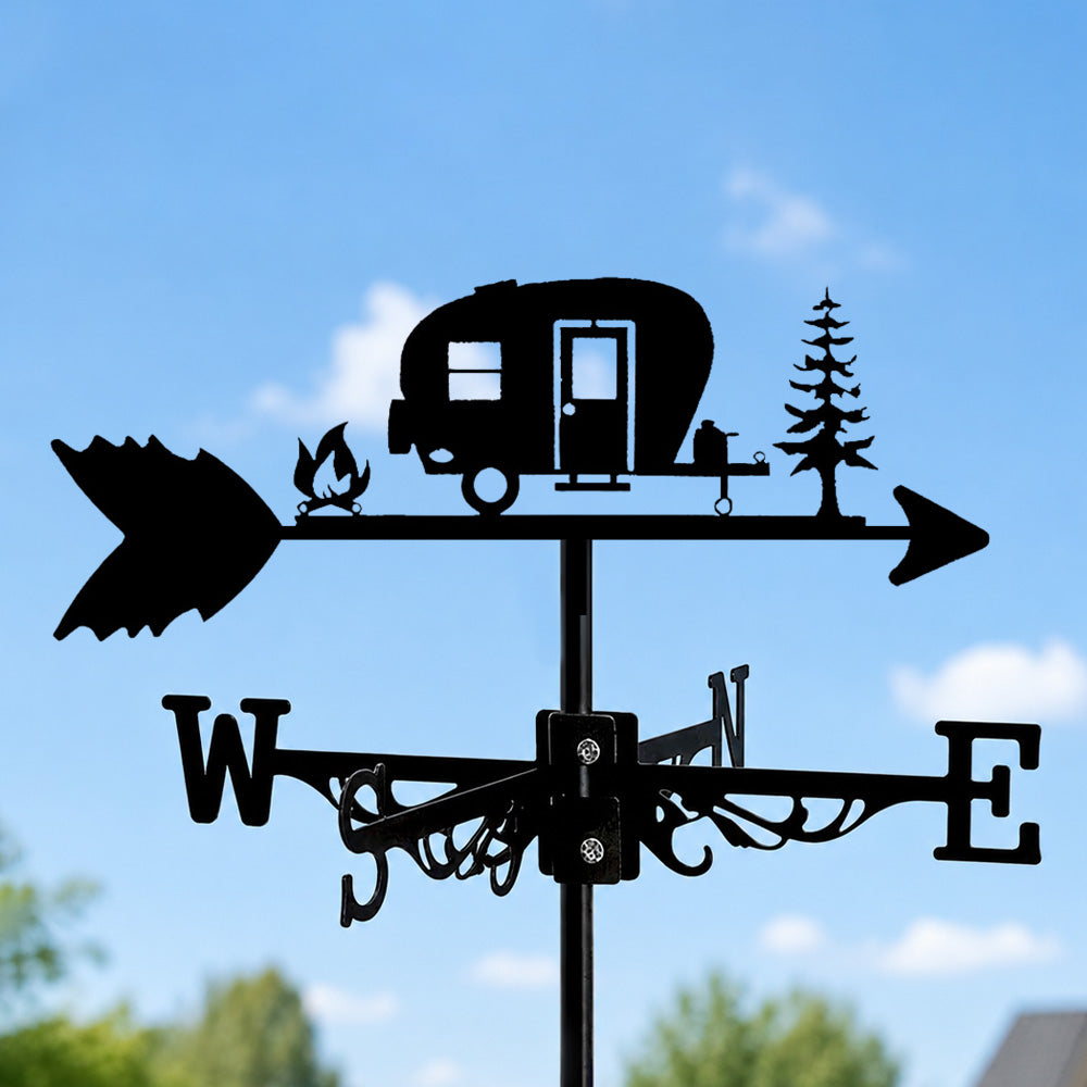 Camping trailer metal weather vane with directional arrows and mounting rod, outdoor roof and garden decoration