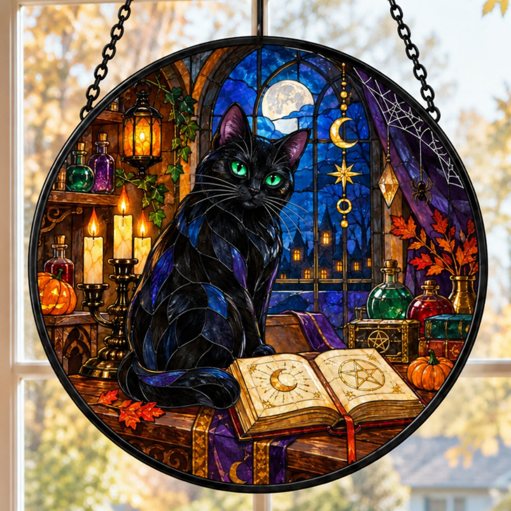 Candlelight Magic Book Black Cat Halloween stained glass suncatcher window hanging, suitable for home and garden decoration