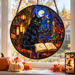 Candlelight Magic Book Black Cat Halloween stained glass suncatcher window hanging, suitable for home and garden decoration