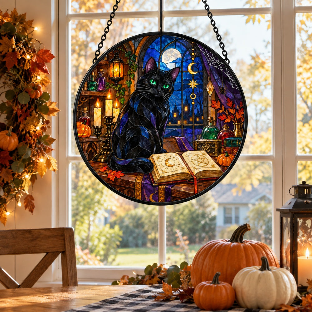 Candlelight Magic Book Black Cat Halloween stained glass suncatcher window hanging, suitable for home and garden decoration