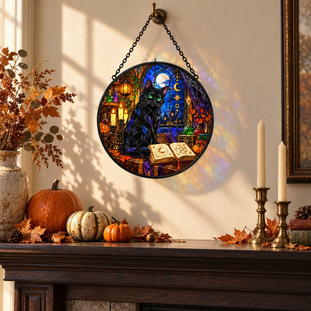 Candlelight Magic Book Black Cat Halloween stained glass suncatcher window hanging, suitable for home and garden decoration