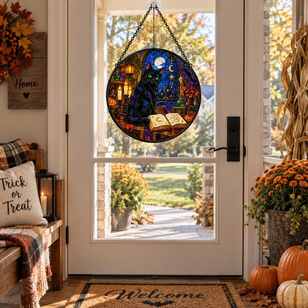 Candlelight Magic Book Black Cat Halloween stained glass suncatcher window hanging, suitable for home and garden decoration
